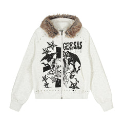 Omirad Faux-Fur Collar Graphic Zip Hoodie
