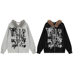 Omirad Faux-Fur Collar Graffiti Zip Hoodie