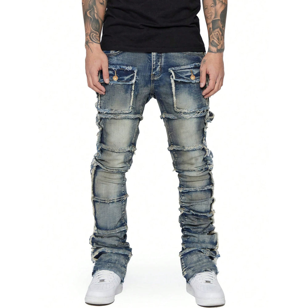 Men's Vintage Sandwashed Layered Patchwork Flared Jeans