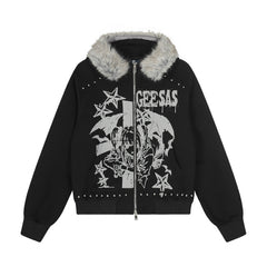 Omirad Faux-Fur Collar Graphic Zip Hoodie