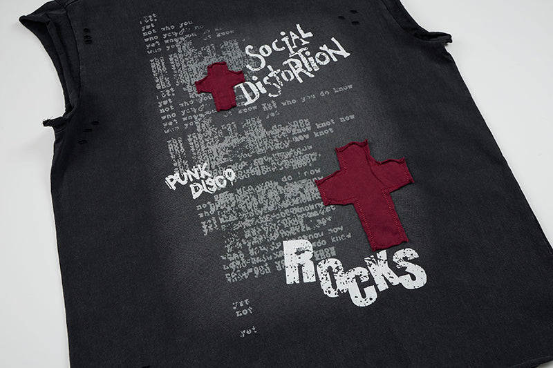 Omirad Distressed Cross Graphic Sleeveless T-Shirt