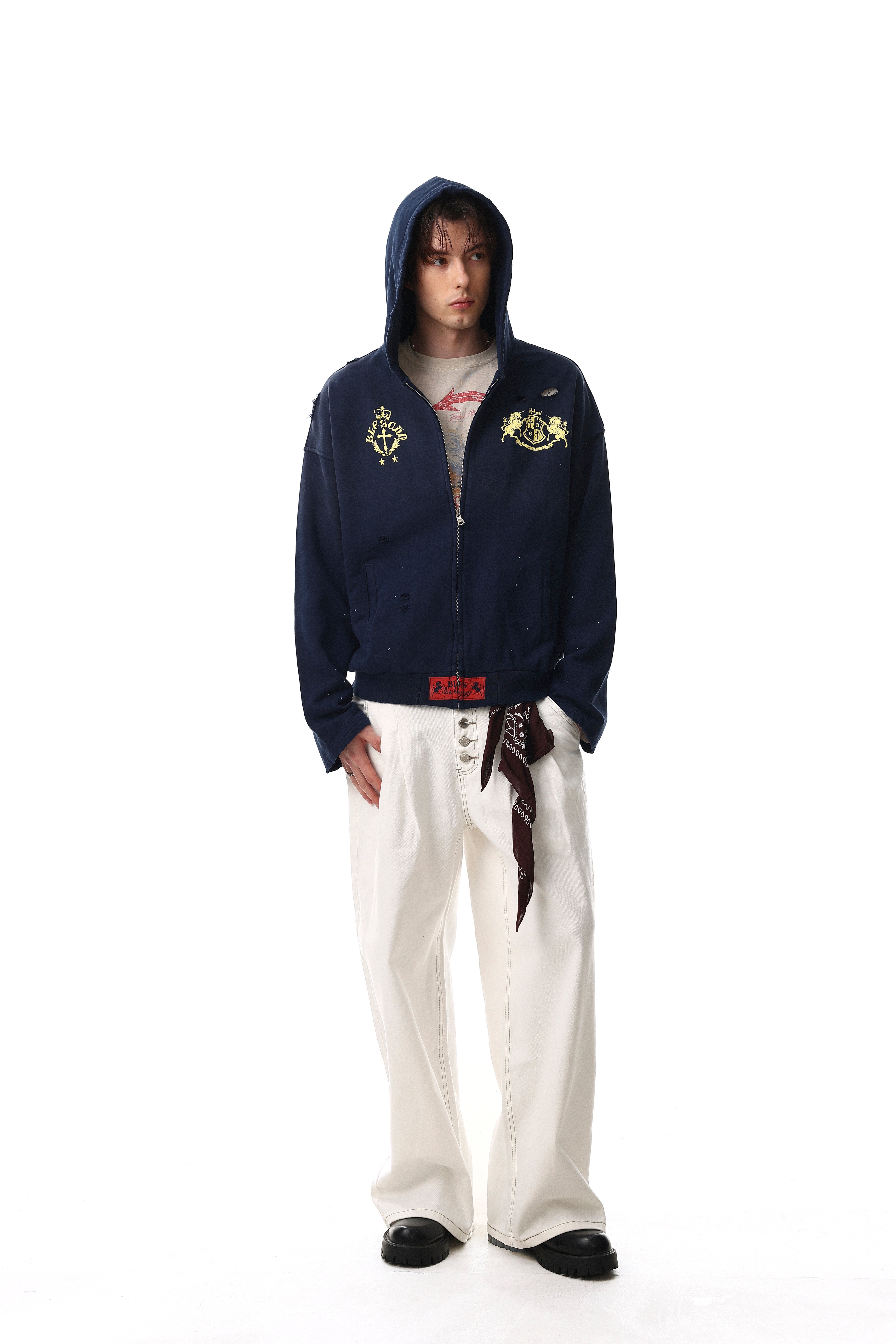 Omirad Distressed Crest Zip-Up Hoodie