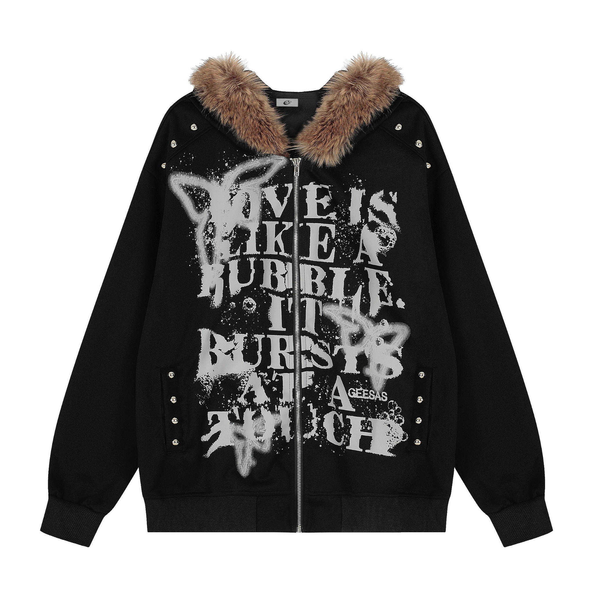 Omirad Faux-Fur Collar Graffiti Zip Hoodie