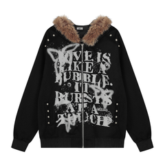 Omirad Faux-Fur Collar Graffiti Zip Hoodie