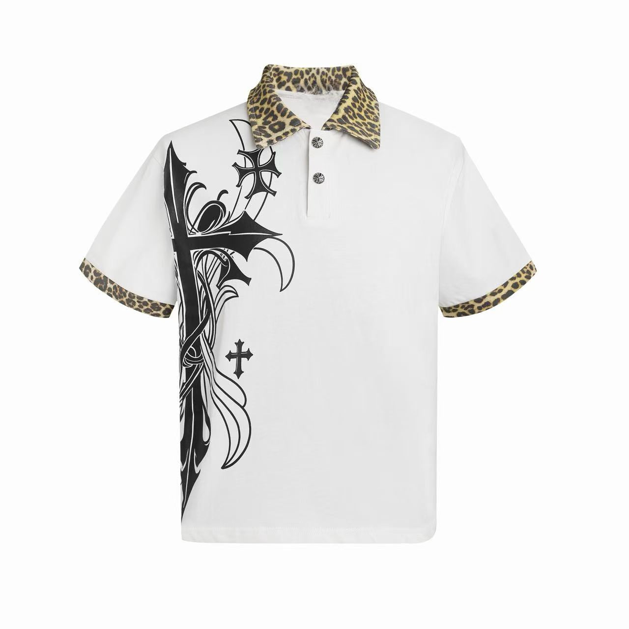 Omirad Gothic Cross Leopard Collar Polo Shirt