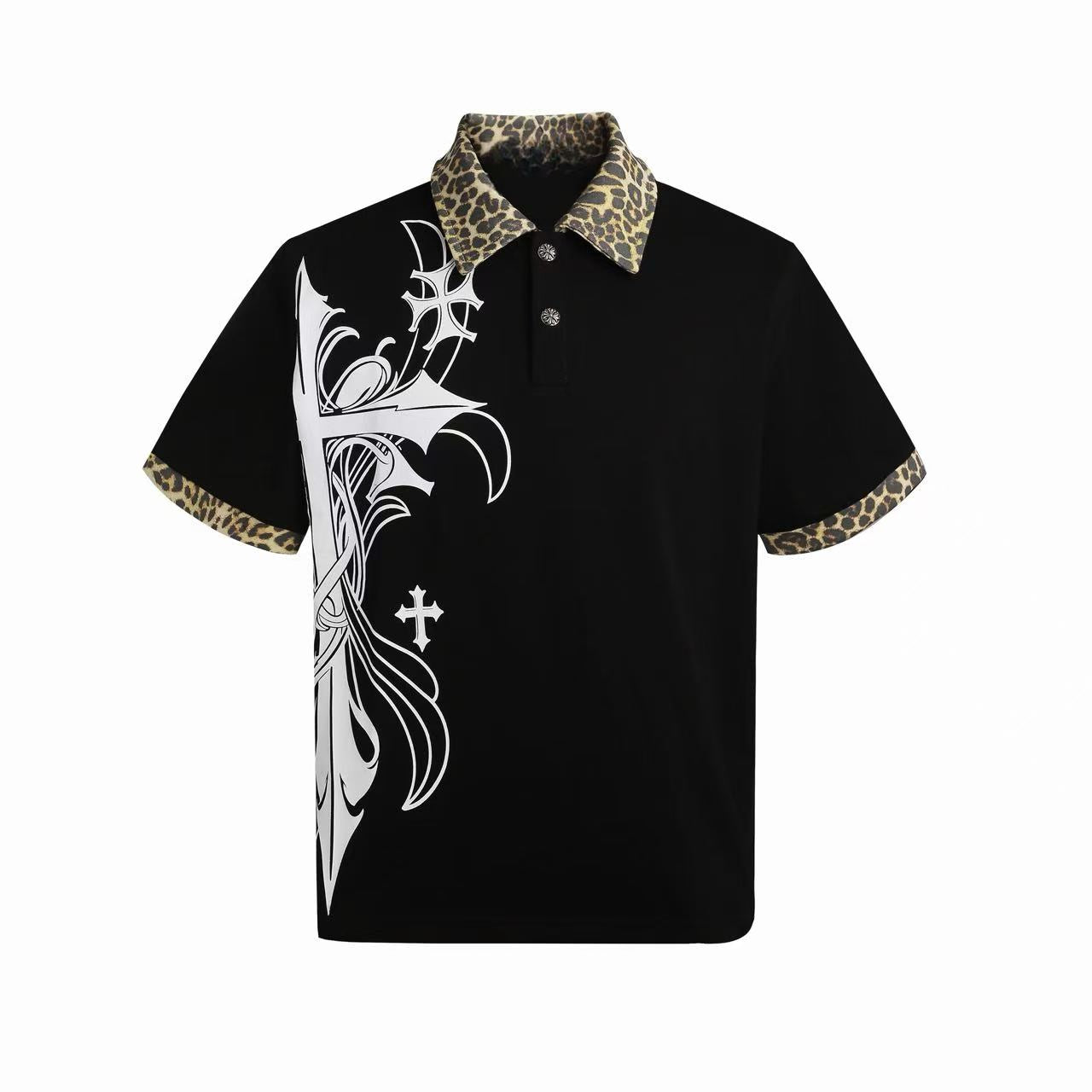 Omirad Gothic Cross Leopard Collar Polo Shirt