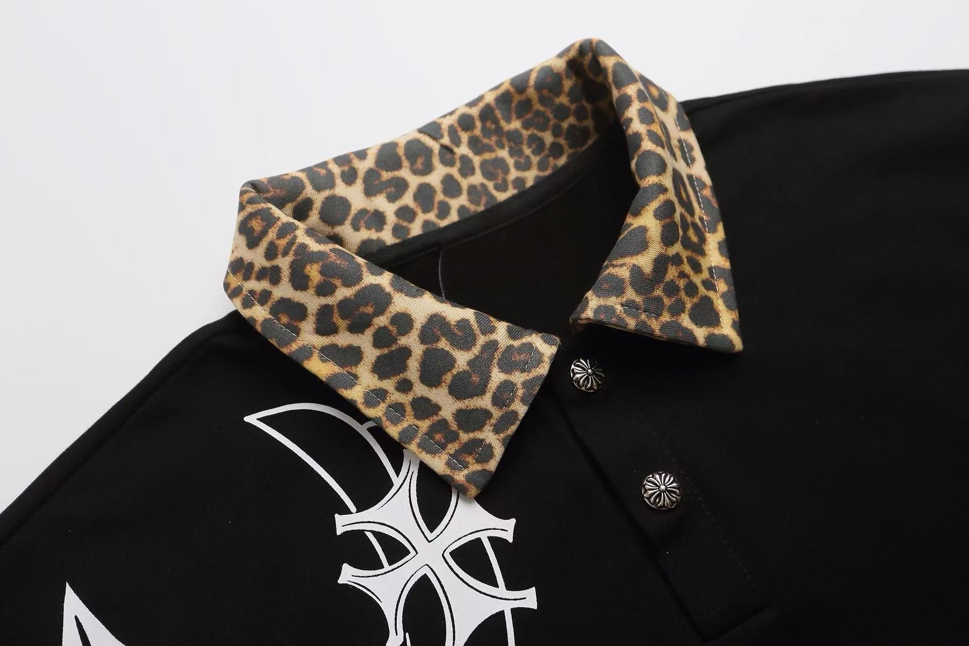 Omirad Gothic Cross Leopard Collar Polo Shirt