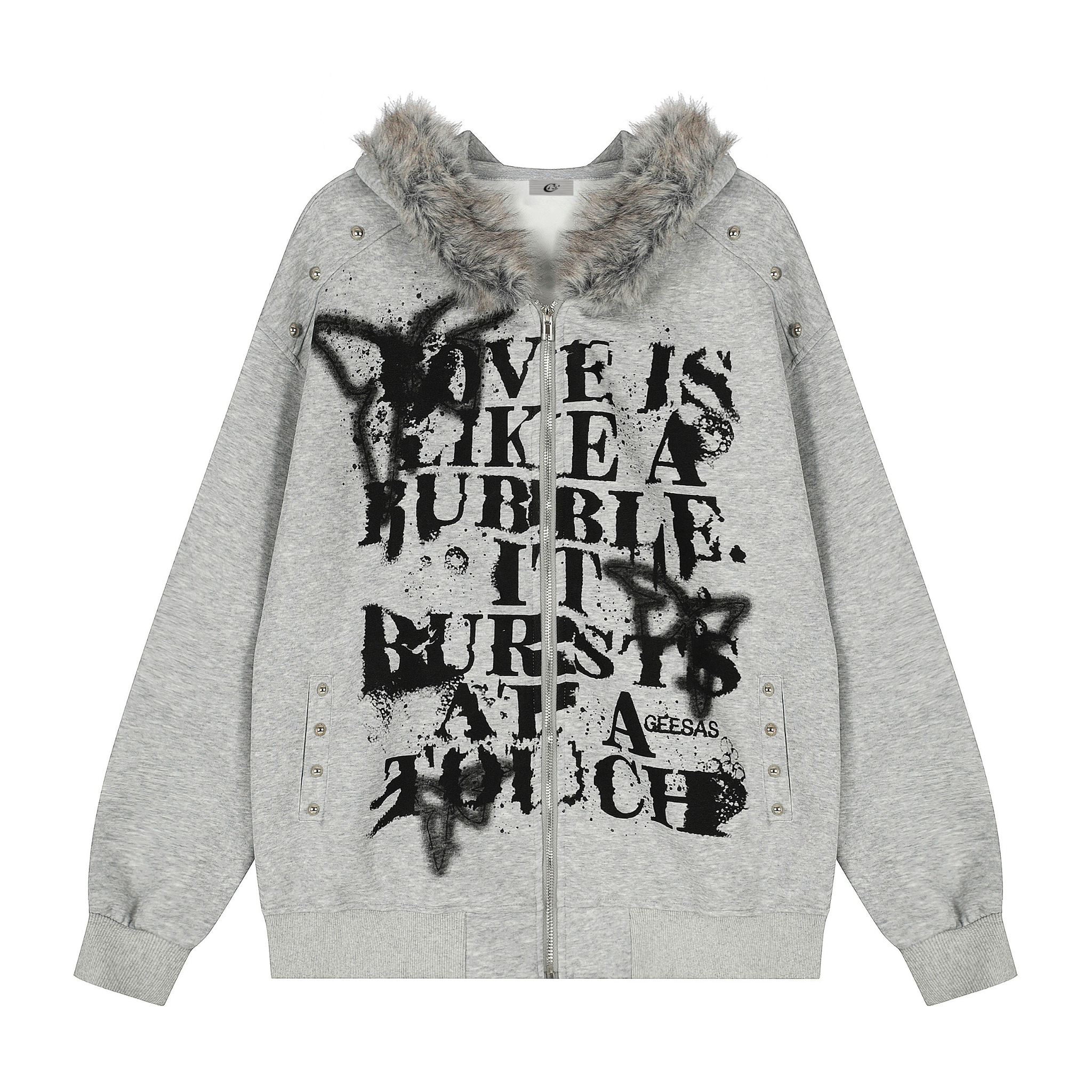 Omirad Faux-Fur Collar Graffiti Zip Hoodie