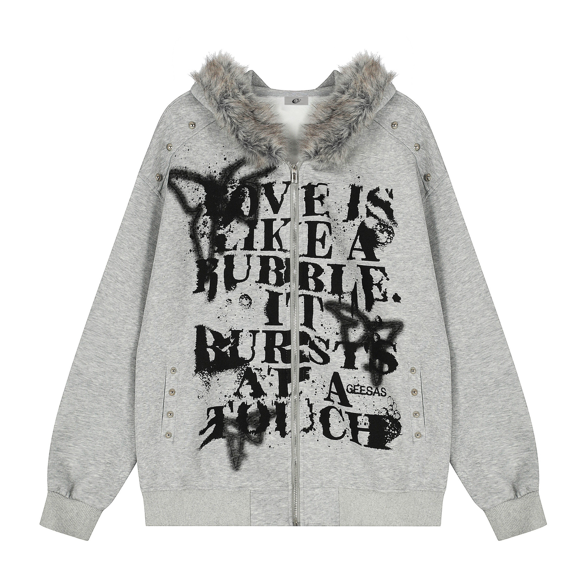 Omirad Faux-Fur Collar Graffiti Zip Hoodie