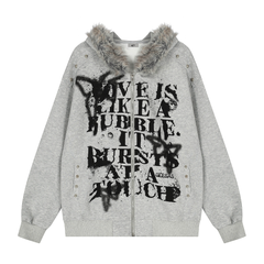 Omirad Faux-Fur Collar Graffiti Zip Hoodie
