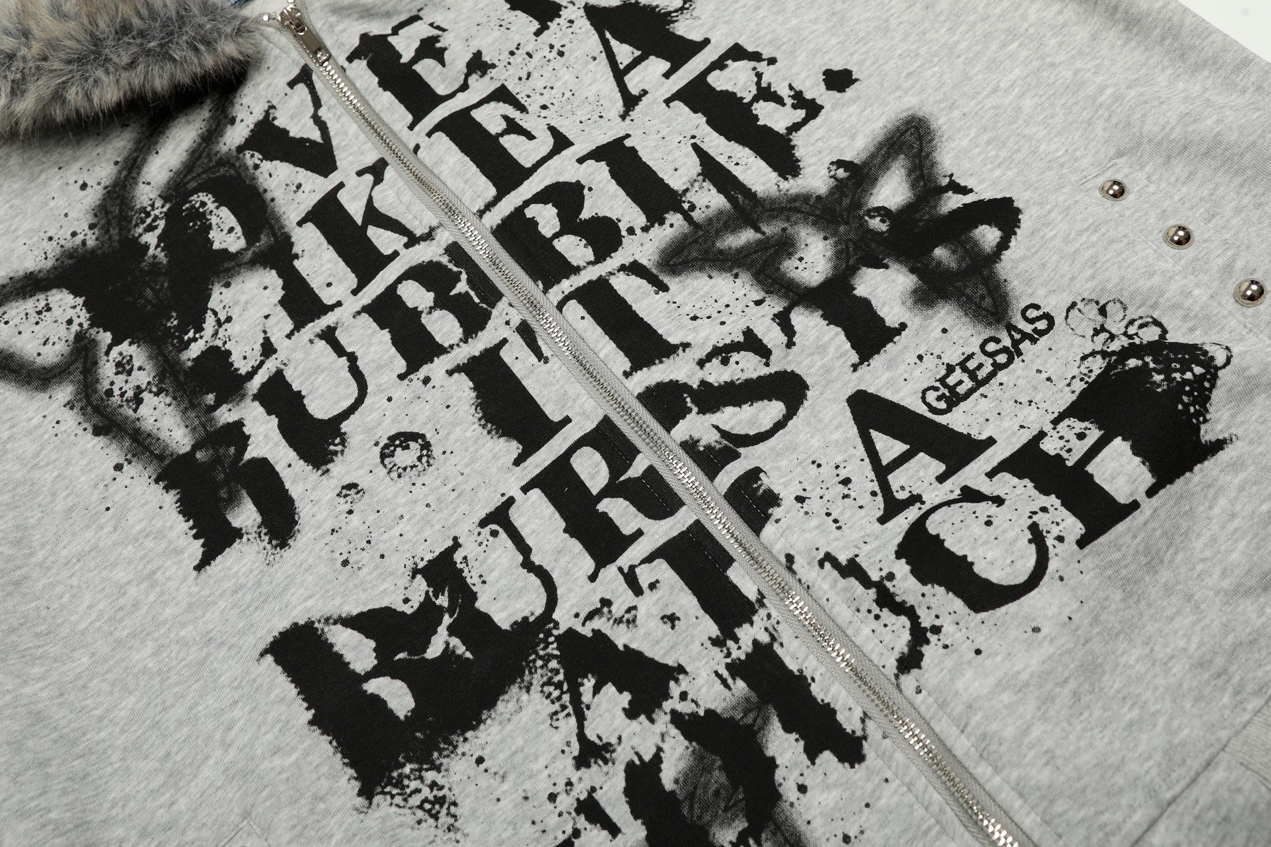 Omirad Faux-Fur Collar Graffiti Zip Hoodie