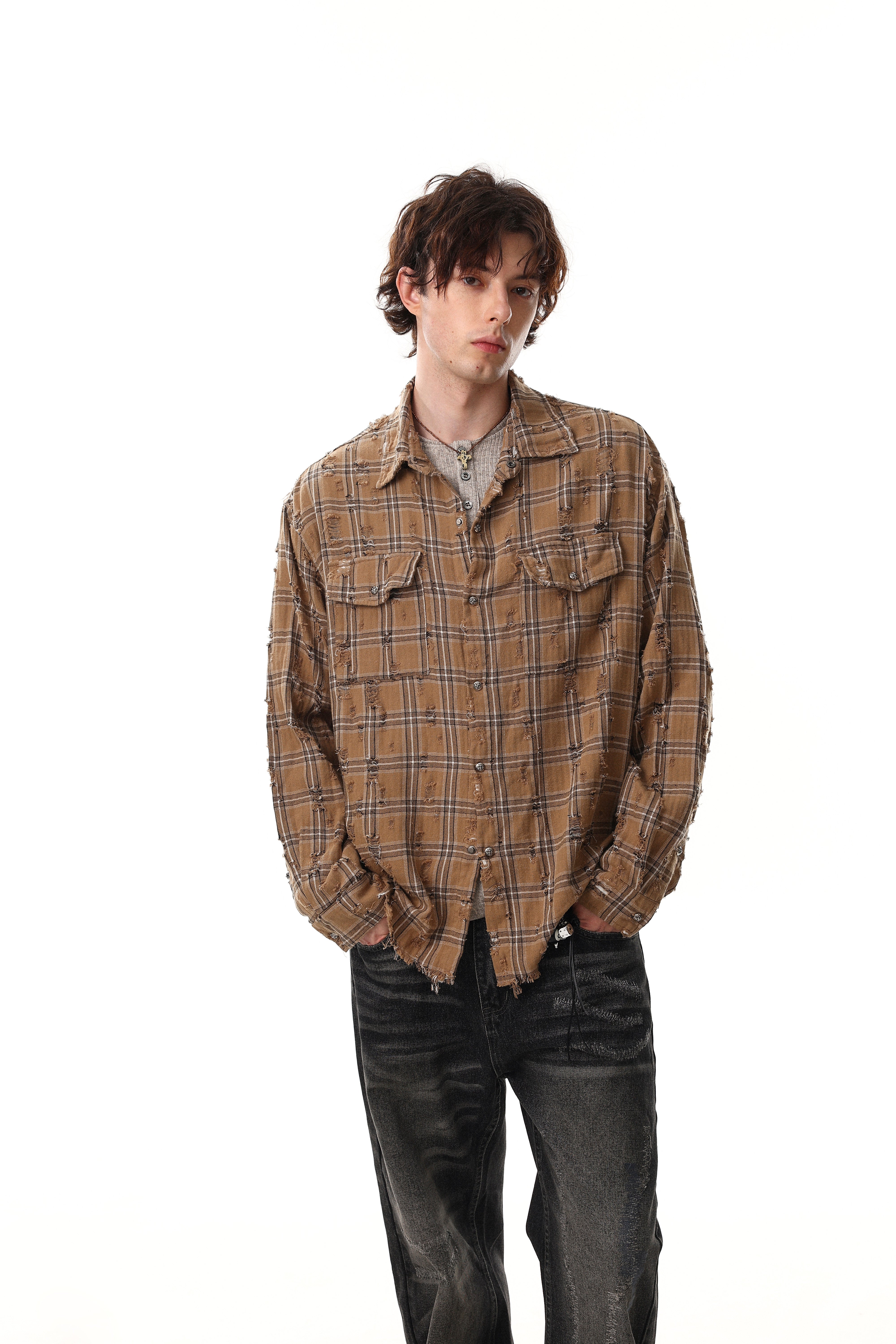 Omirad Distressed Plaid Shirt Jacket