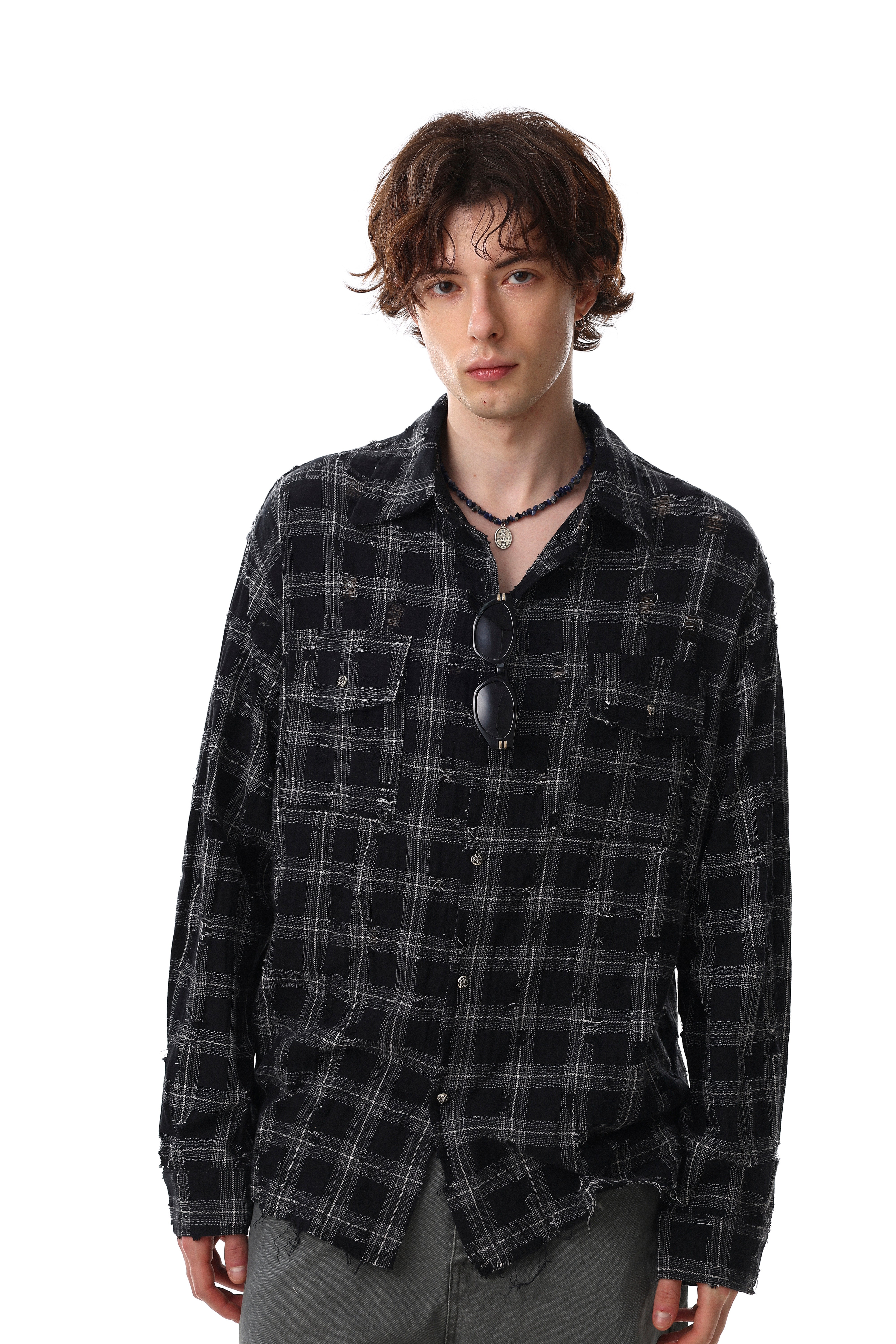 Omirad Distressed Plaid Shirt Jacket