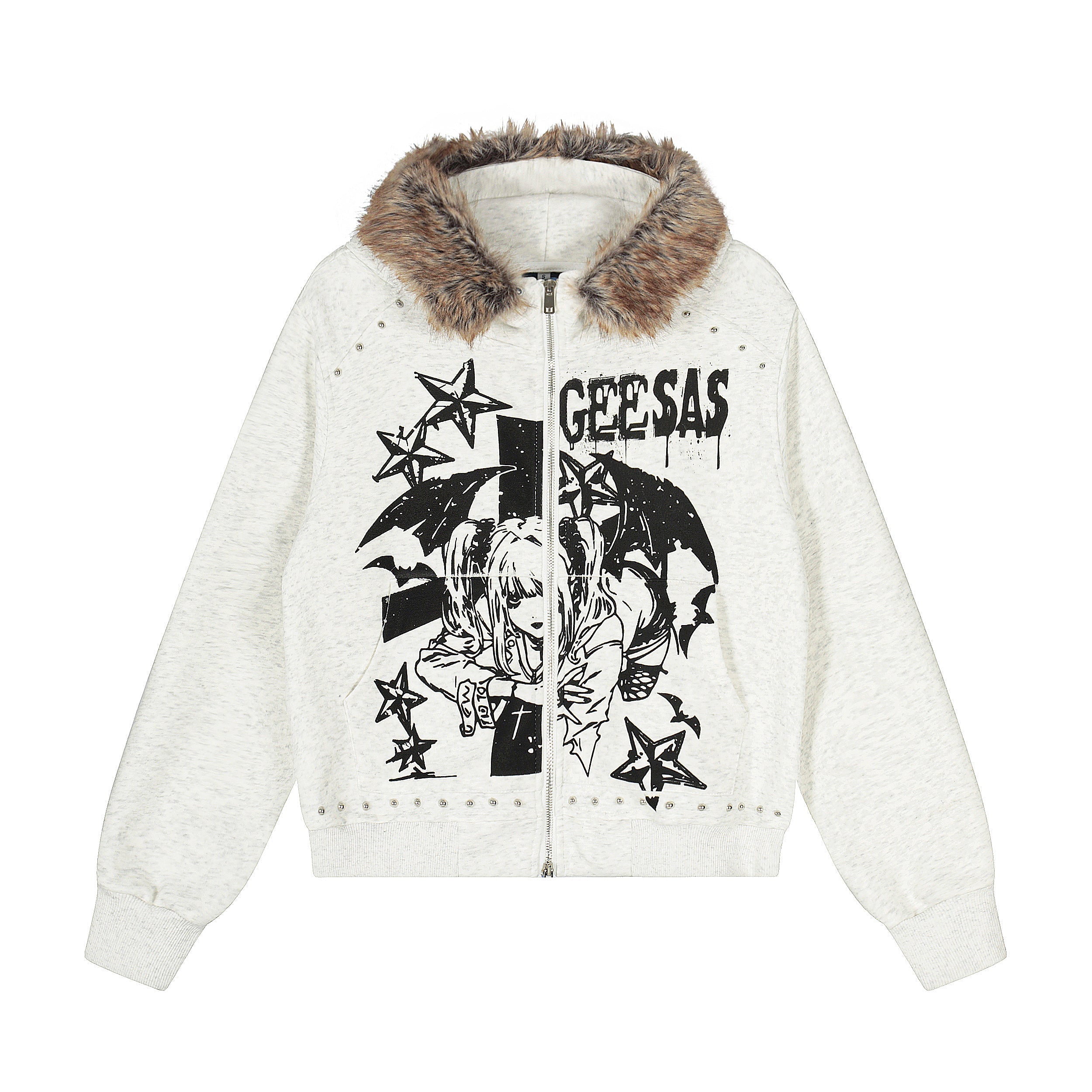 Omirad Faux-Fur Collar Graphic Zip Hoodie