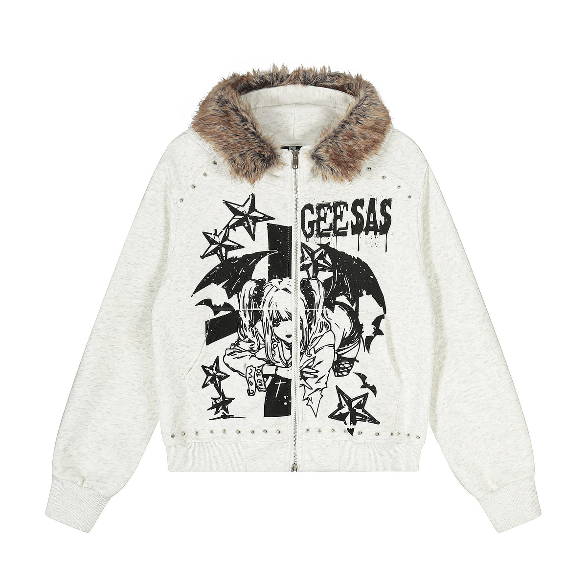 Omirad Faux-Fur Collar Graphic Zip Hoodie