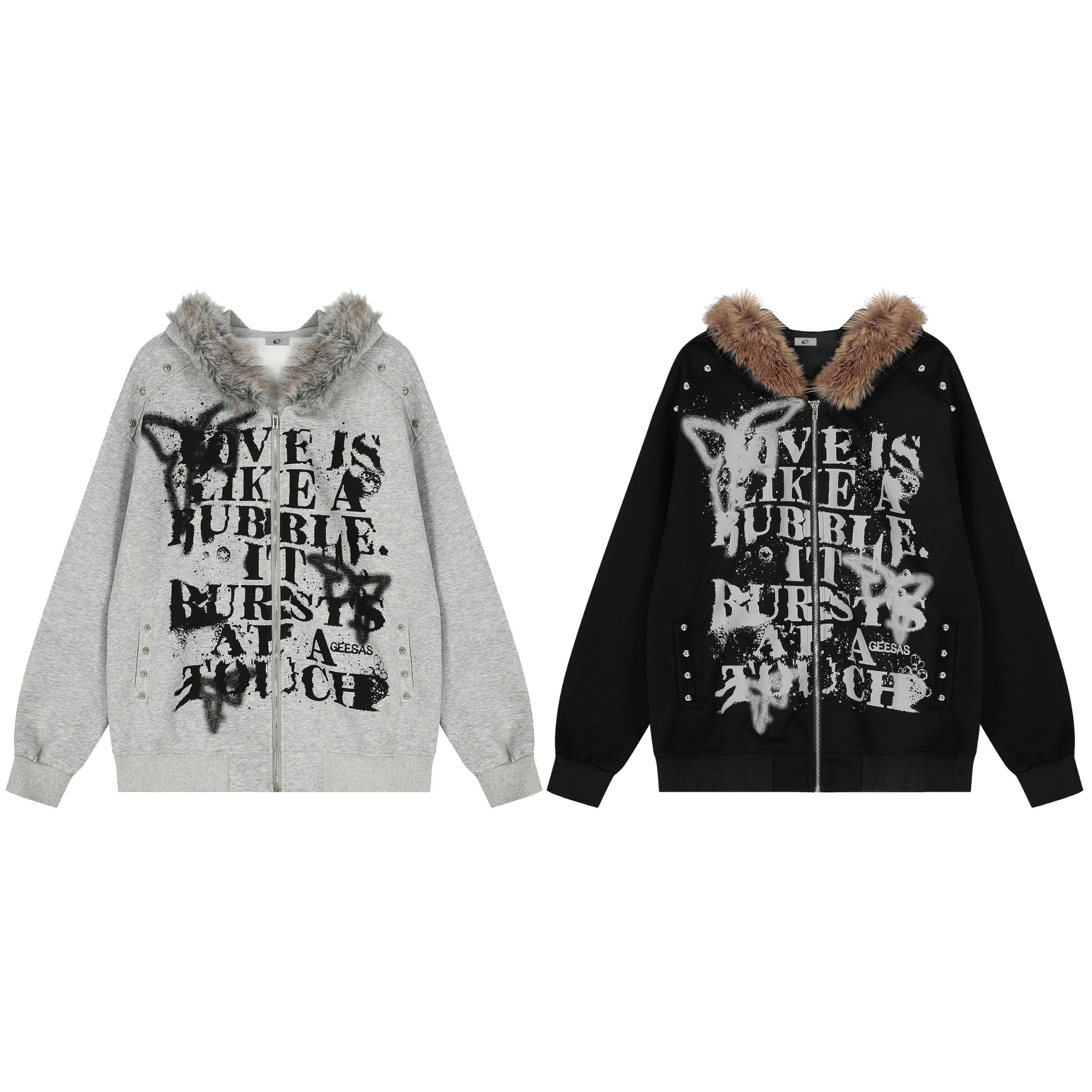 Omirad Faux-Fur Collar Graffiti Zip Hoodie