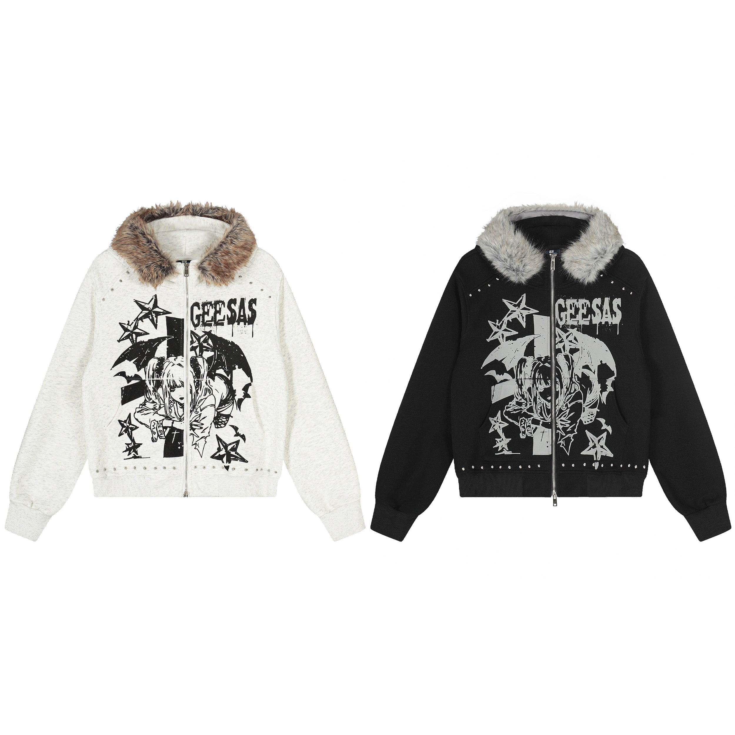 Omirad Faux-Fur Collar Graphic Zip Hoodie