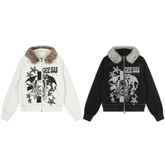 Omirad Faux-Fur Collar Graphic Zip Hoodie