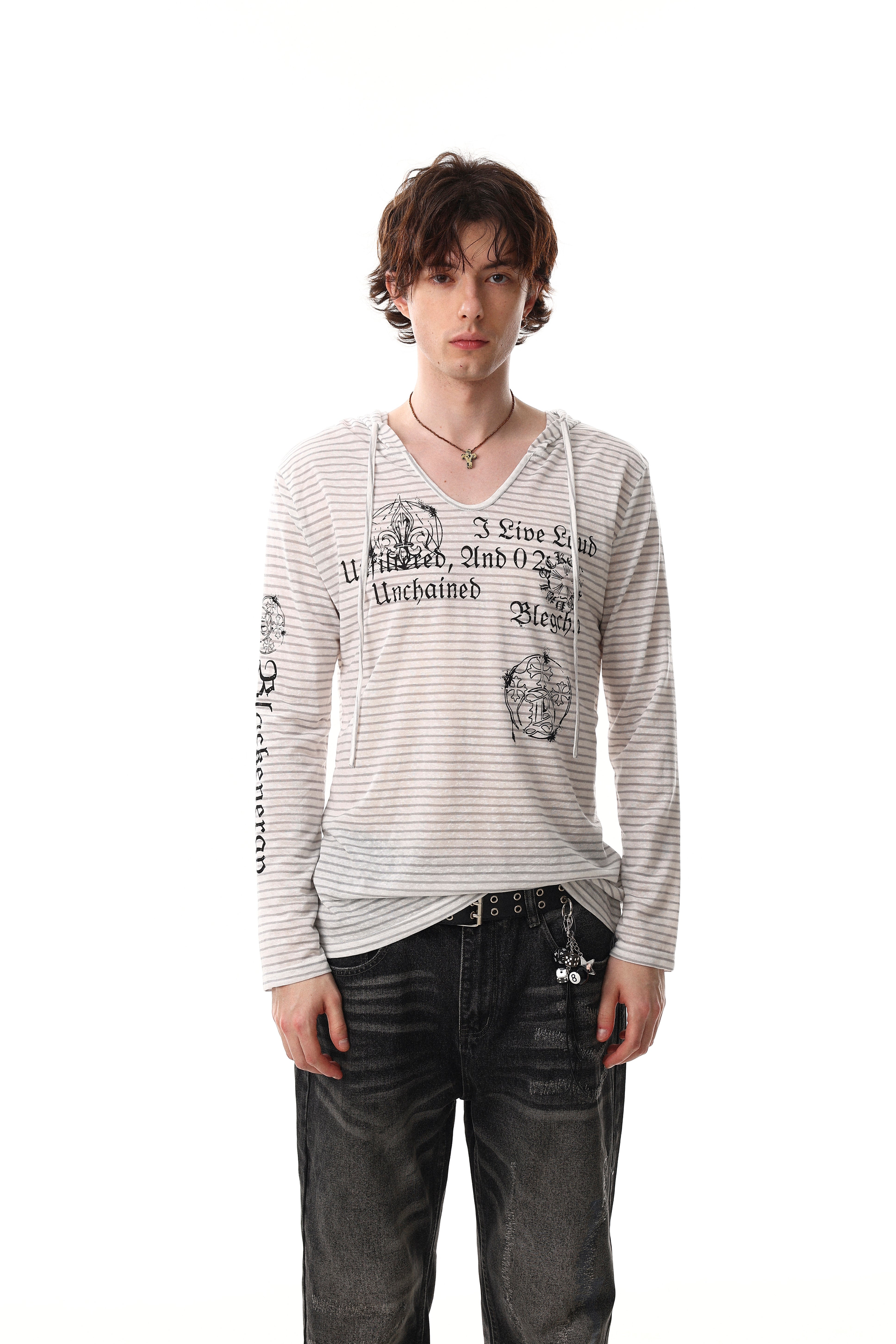 Omirad Striped Graphic Hooded Long Sleeve Tee