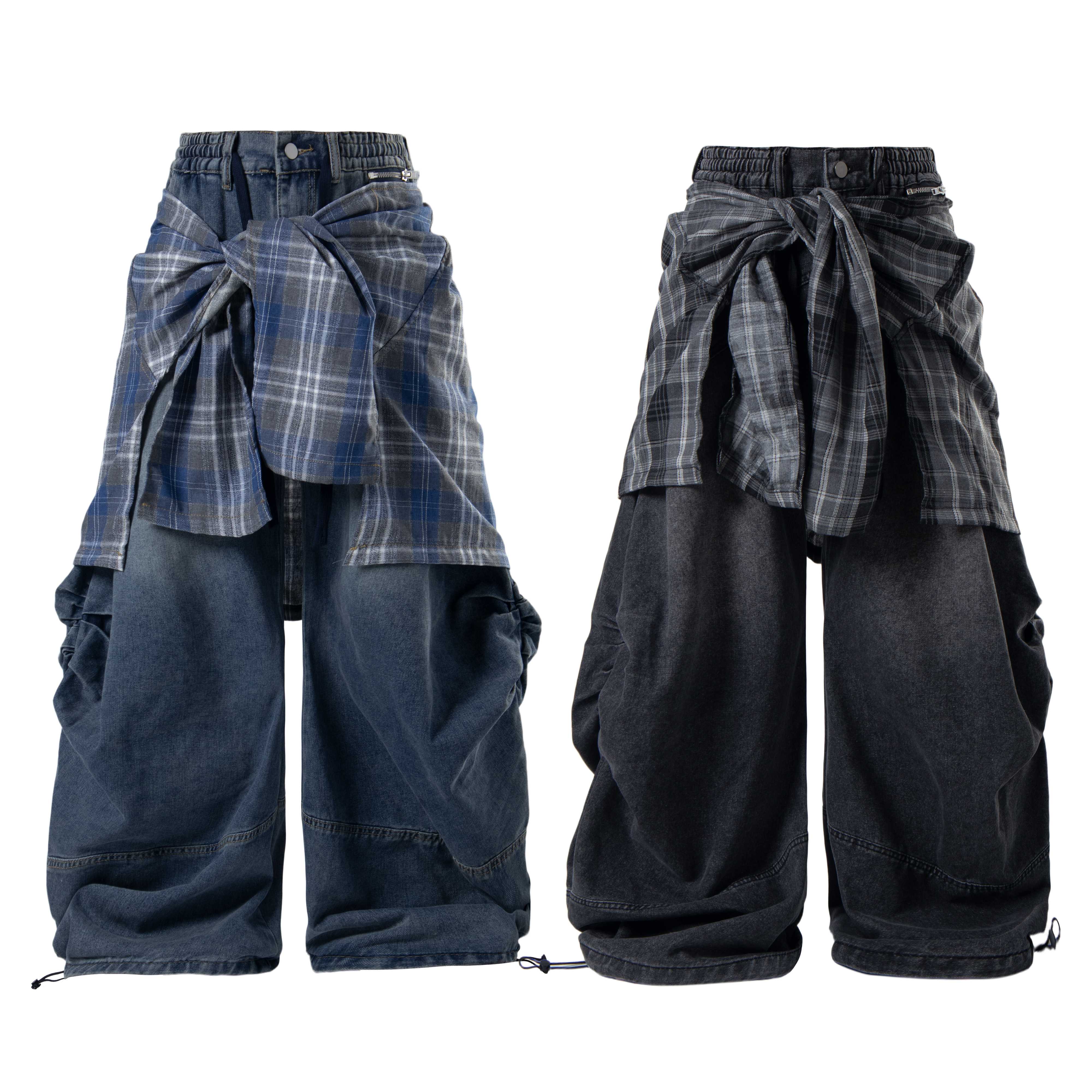 Omirad Layered Plaid Baggy Jeans