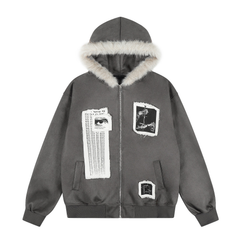 Omirad Graphic Faux-Fur Hooded Zip Jacket