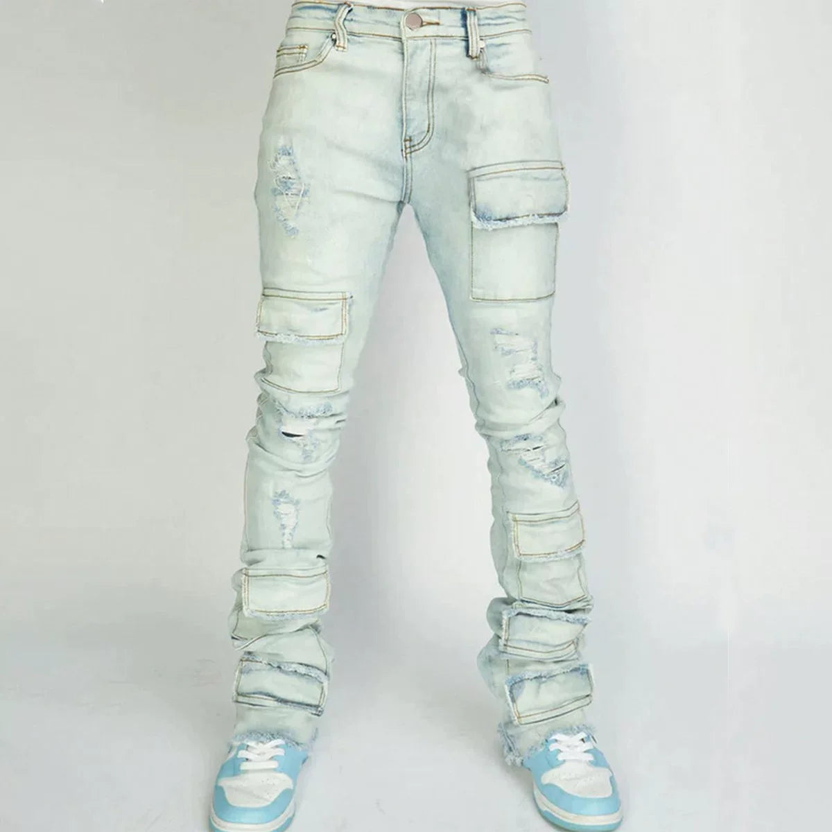 Men's Ripped Straight Leg Cargo Stretch Denim Jeans