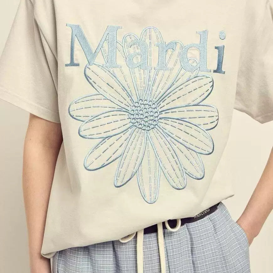Mardi Embroidered Daisy Flower Summer Cotton Casual Tee