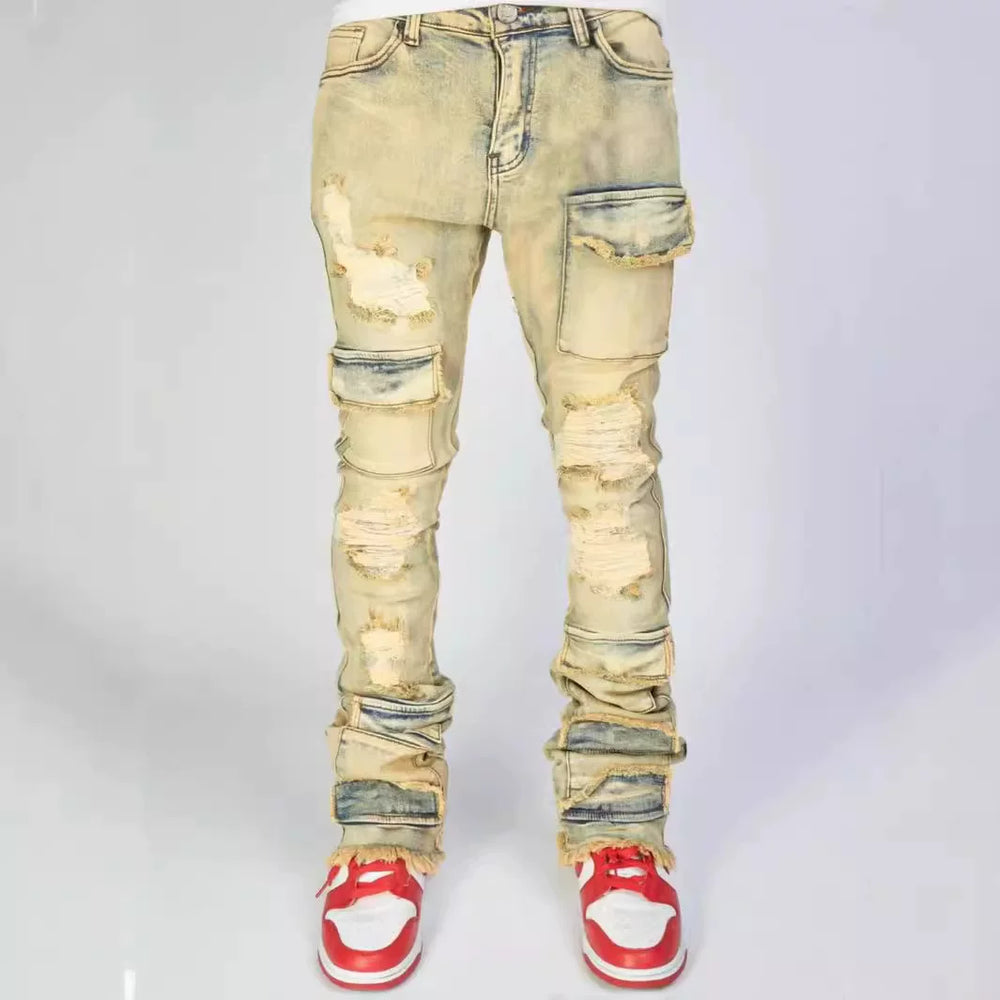 Men's Ripped Straight Leg Cargo Stretch Denim Jeans