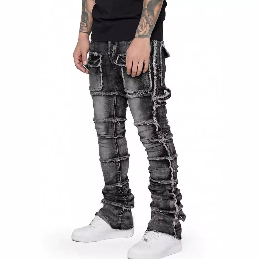 Men's Vintage Sandwashed Layered Patchwork Flared Jeans