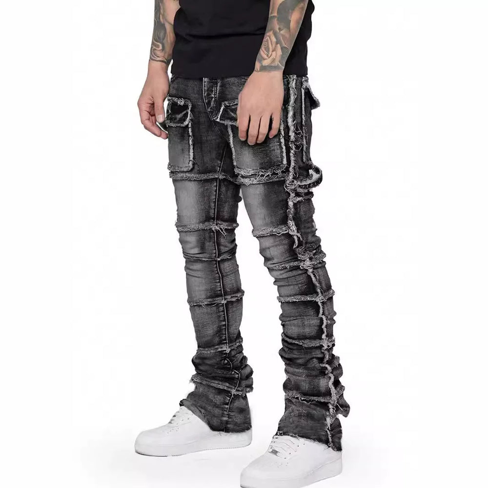Men's Vintage Sandwashed Layered Patchwork Flared Jeans