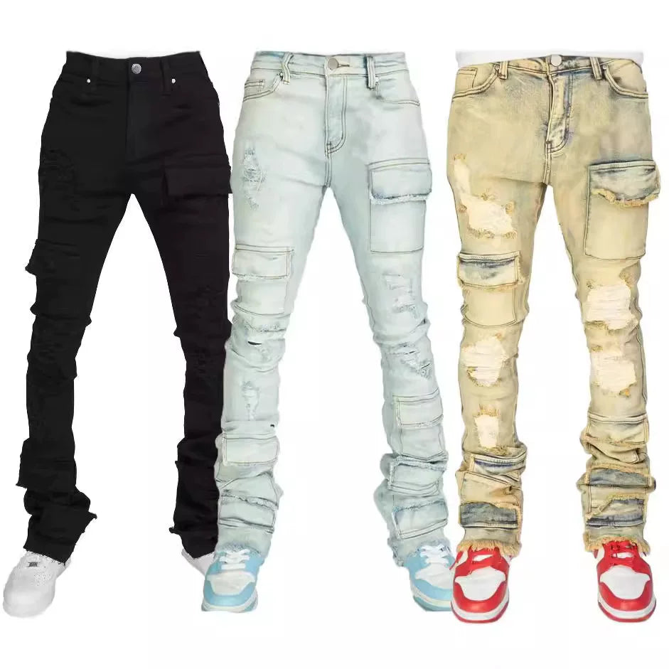 Men's Ripped Straight Leg Cargo Stretch Denim Jeans