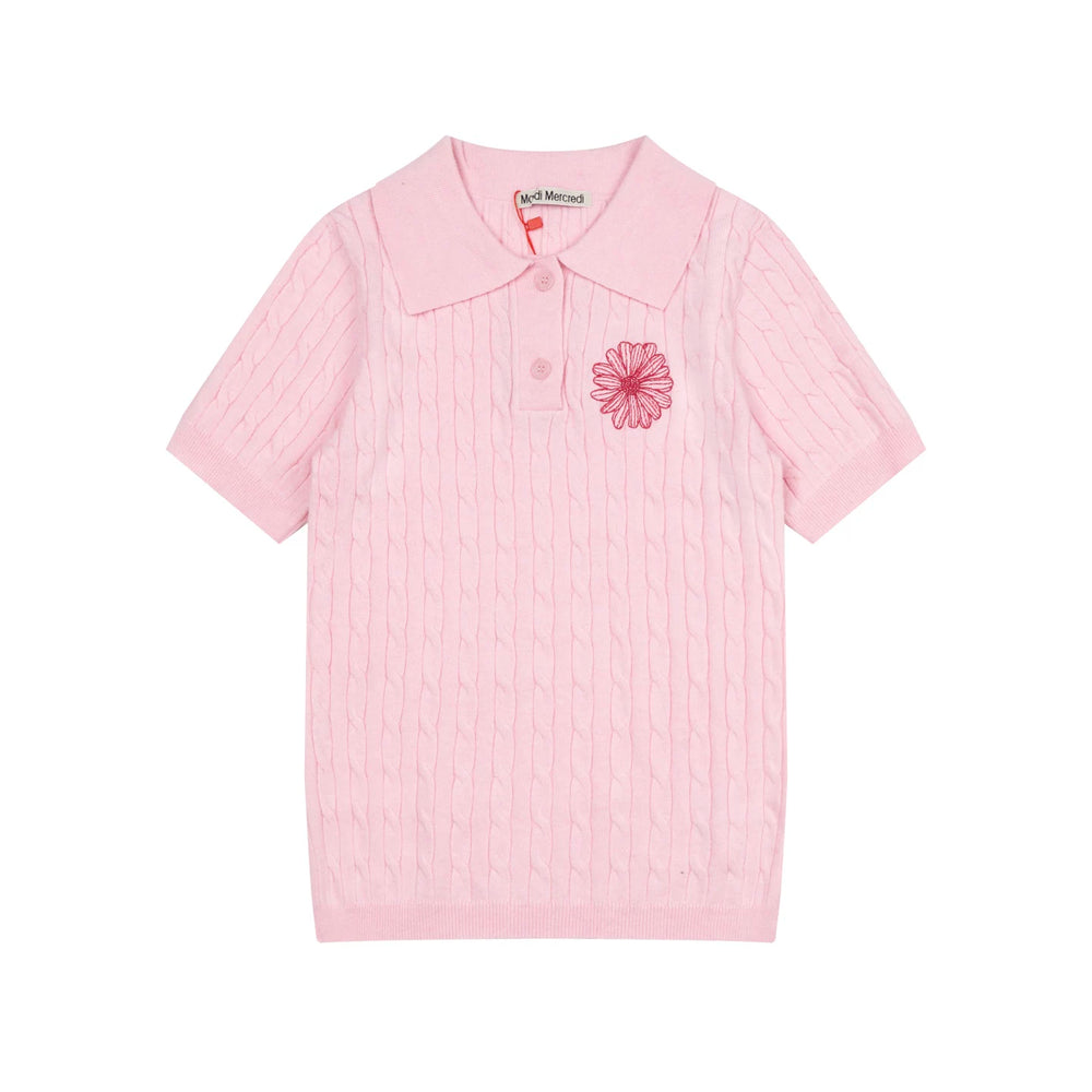 Mardi Embroidered Daisy Summer Cotton Slim Knit Polo