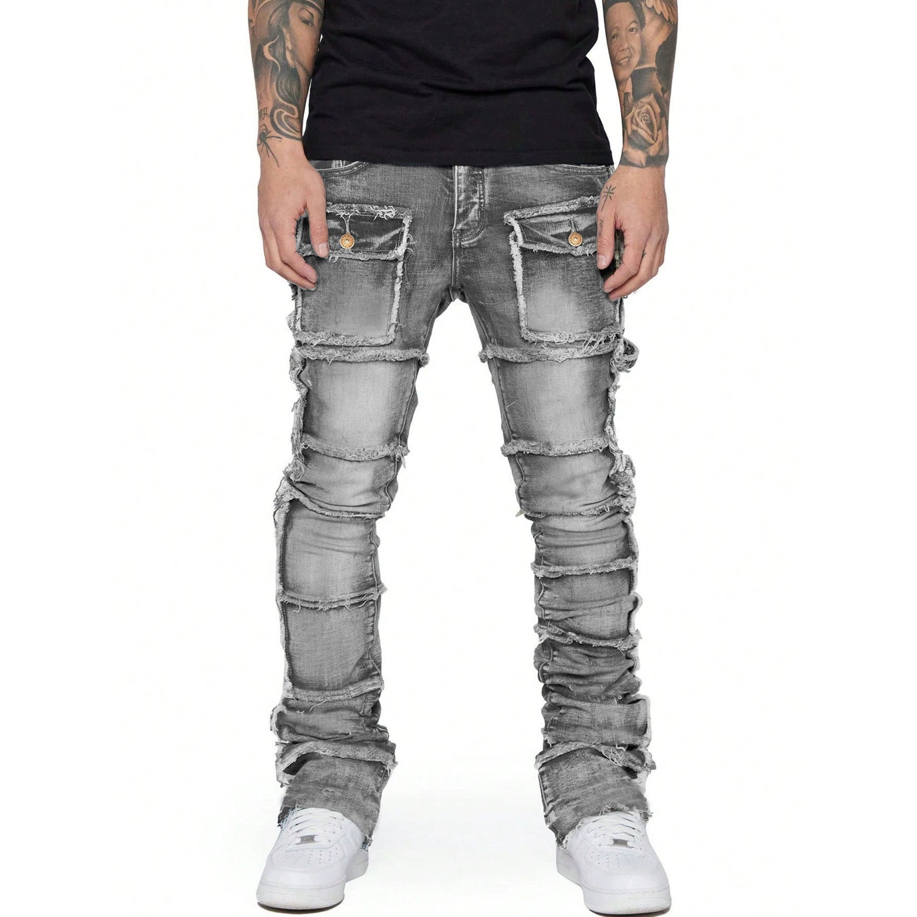 Men's Vintage Sandwashed Layered Patchwork Flared Jeans