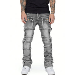 Men's Vintage Sandwashed Layered Patchwork Flared Jeans