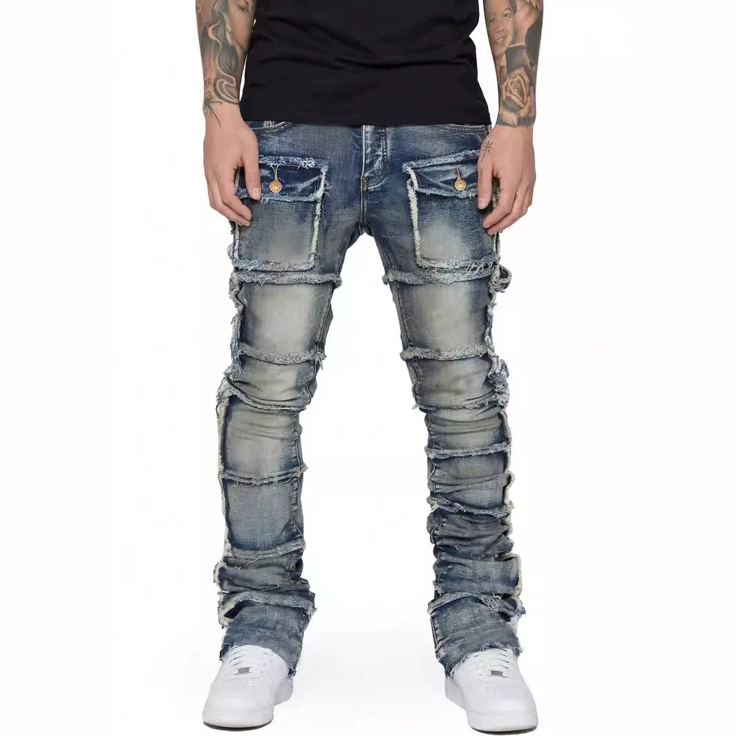 Men's Vintage Sandwashed Layered Patchwork Flared Jeans