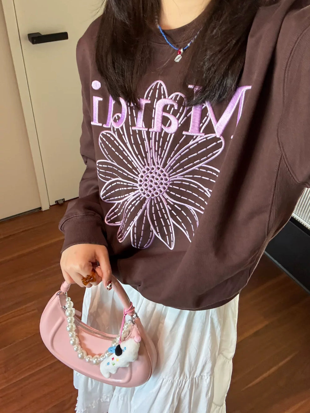 Mardi Embroidered Daisy Flower Autumn Oversized Fleece Sweatshirt