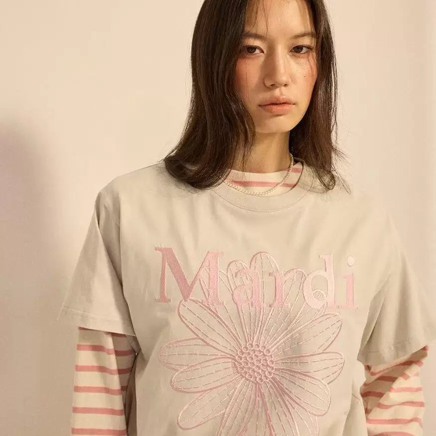Mardi Embroidered Daisy Flower Summer Cotton Casual Tee