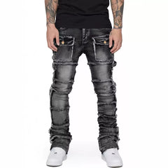 Men's Vintage Sandwashed Layered Patchwork Flared Jeans