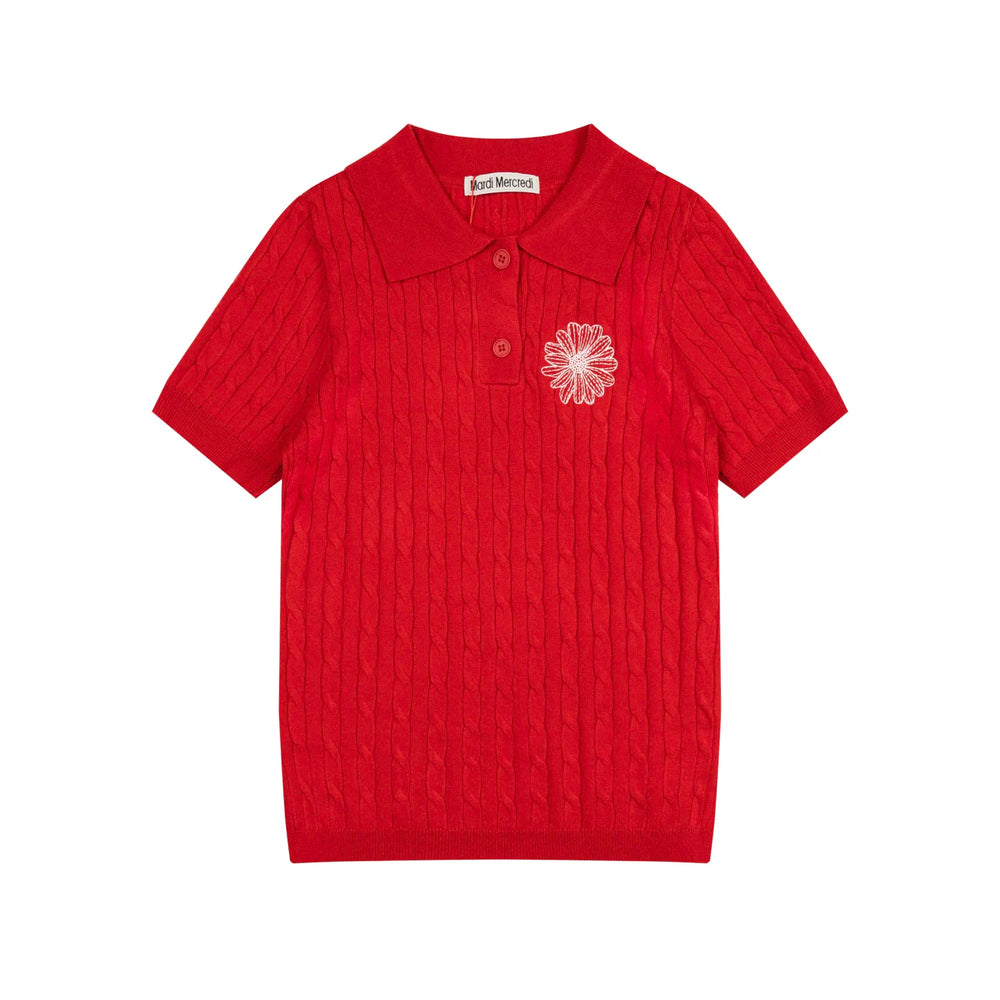 Mardi Embroidered Daisy Summer Cotton Slim Knit Polo