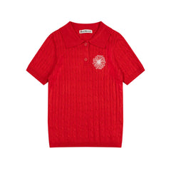 Mardi Embroidered Daisy Summer Cotton Slim Knit Polo