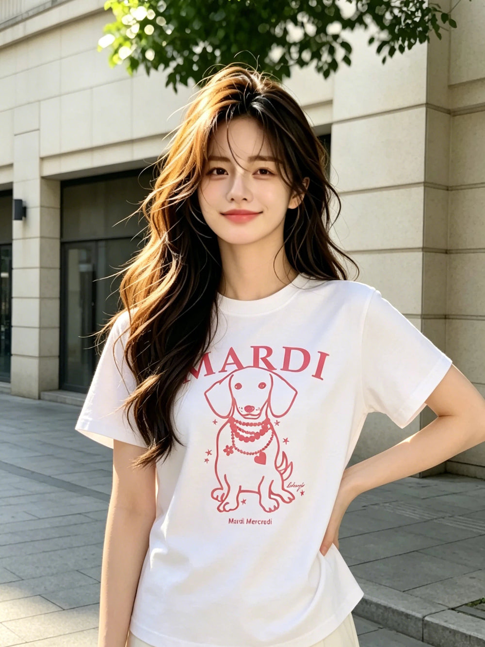 Mardi Pearl Dog Graphic Summer Casual Cotton Tee