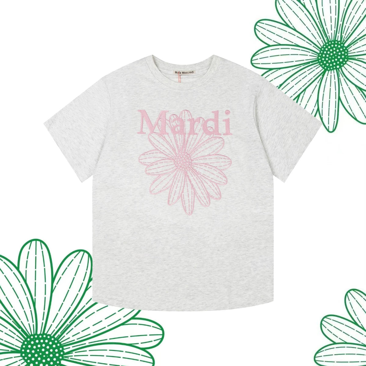 Mardi Embroidered Daisy Flower Summer Cotton Casual Tee