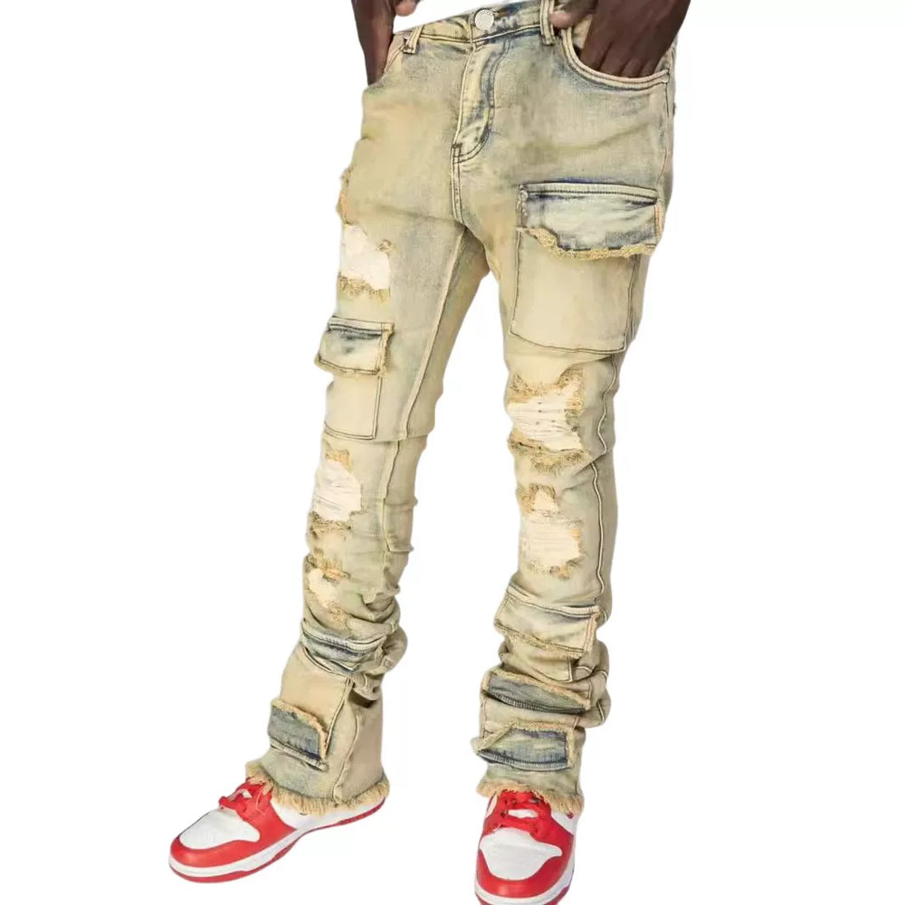 Men's Ripped Straight Leg Cargo Stretch Denim Jeans