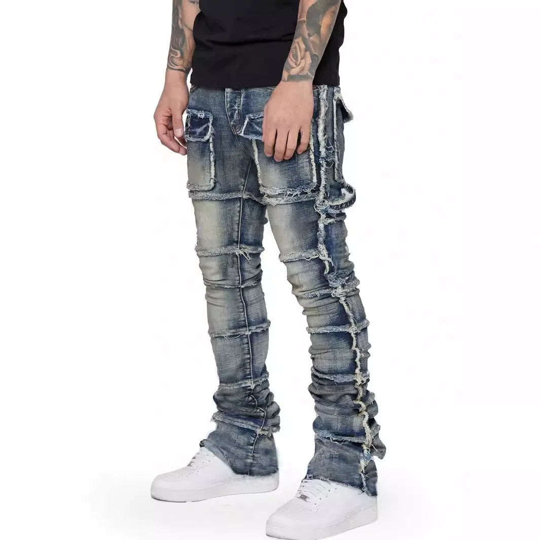 Men's Vintage Sandwashed Layered Patchwork Flared Jeans