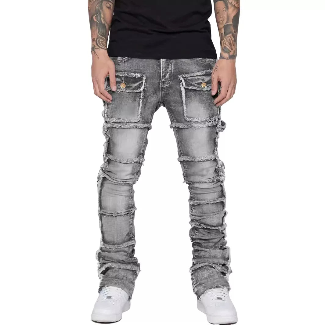 Men's Vintage Sandwashed Layered Patchwork Flared Jeans