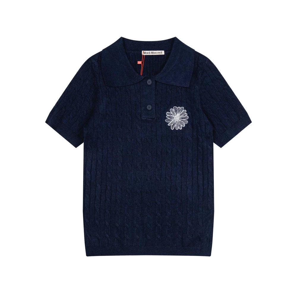 Mardi Embroidered Daisy Summer Cotton Slim Knit Polo