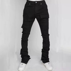 Men's Ripped Straight Leg Cargo Stretch Denim Jeans