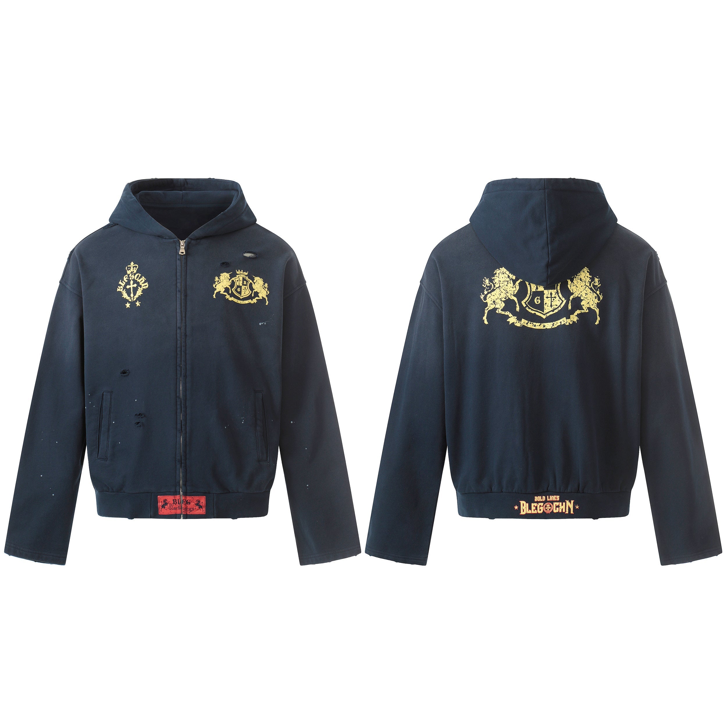 Omirad Distressed Crest Zip-Up Hoodie