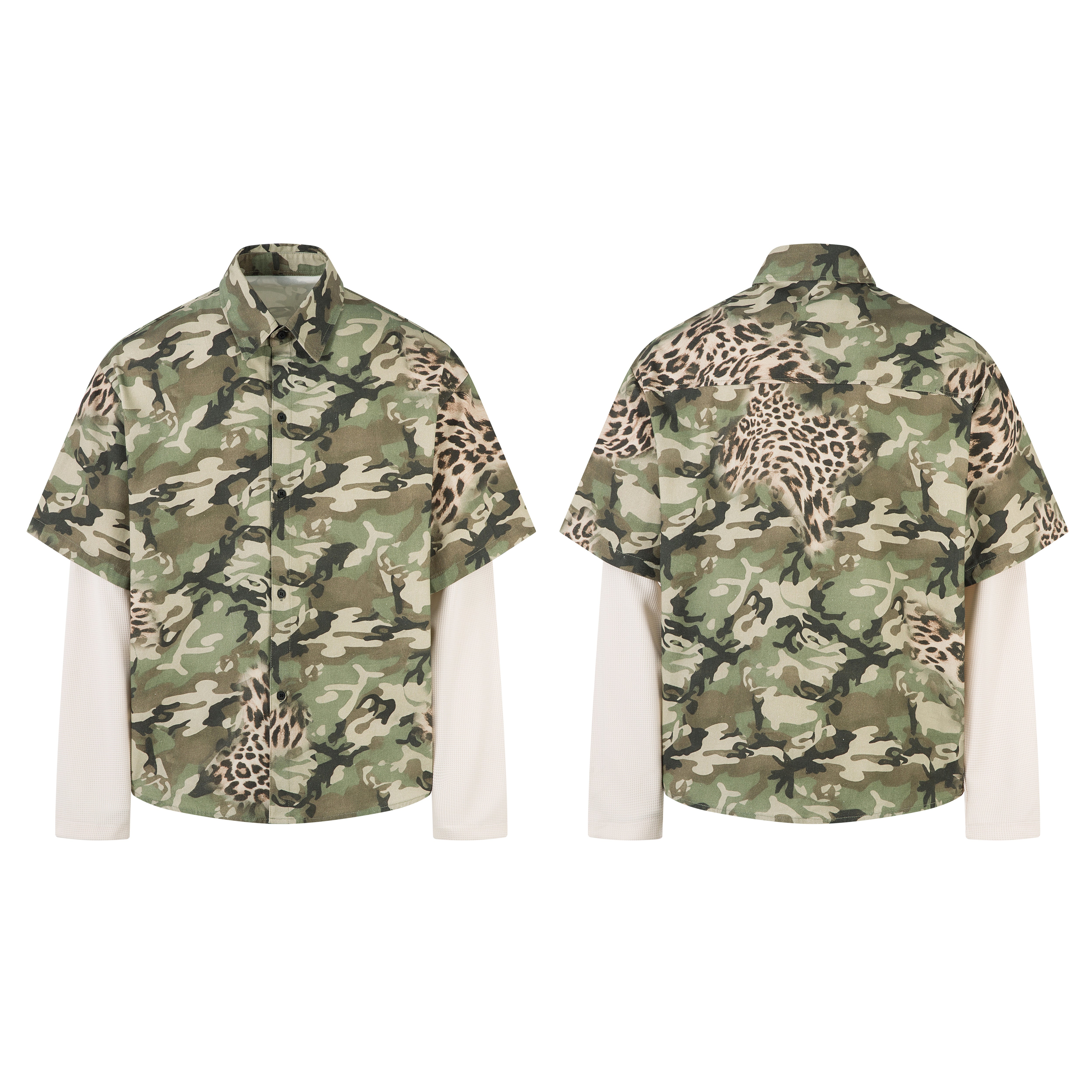 Omirad Layered Camo-Leopard Short-Sleeve Shirt