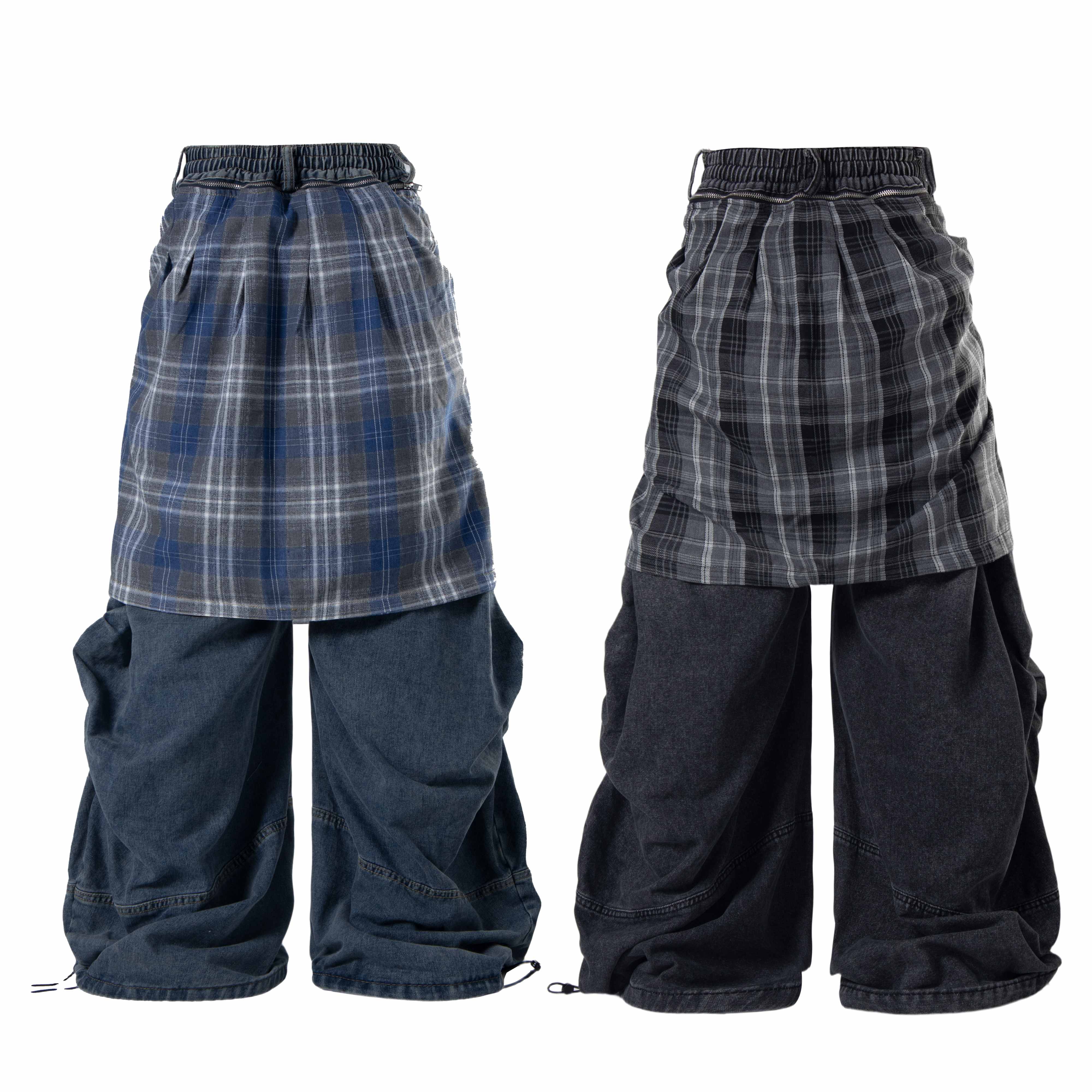 Omirad Layered Plaid Baggy Jeans